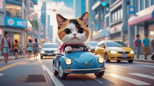 可愛的三花貓開車在車水馬龍裡穿梭,a cat driving in the road on a small car,cartoon cat,street cat,citycat,worldcat,kimbundu,cartoon car,Photography,General,Realistic