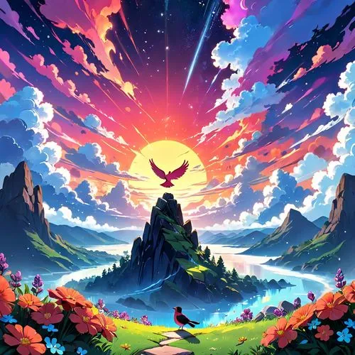 bird kingdom,mountain world,bird bird kingdom,mountain sunrise,unicorn background,beautiful wallpaper,mushroom landscape,fantasy landscape,fairy world,colorful background,background screen,kaleidoscape,mountain,art background,mountains,wonderlands,windbloom,landscape background,dusk background,cloud mountain,Anime,Anime,Traditional