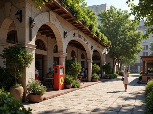 Rustic gas station, Romanesque arches, ornate stone carvings, vintage petrol pumps, nostalgic signage, lush greenery, flowering vines, meandering walkways, natural stone pavement, earthy tones, warm s