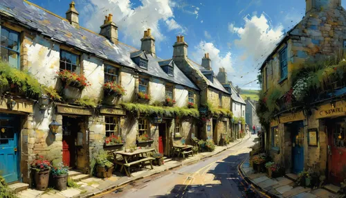 medieval street,medieval town,narrow street,the cobbled streets,robin hood's bay,knight village,row of houses,cottages,townscape,stone houses,townhouses,wooden houses,hanging houses,old town,medieval architecture,half-timbered houses,world digital painting,watercolor shops,fantasy city,fantasy landscape,Art,Artistic Painting,Artistic Painting 32