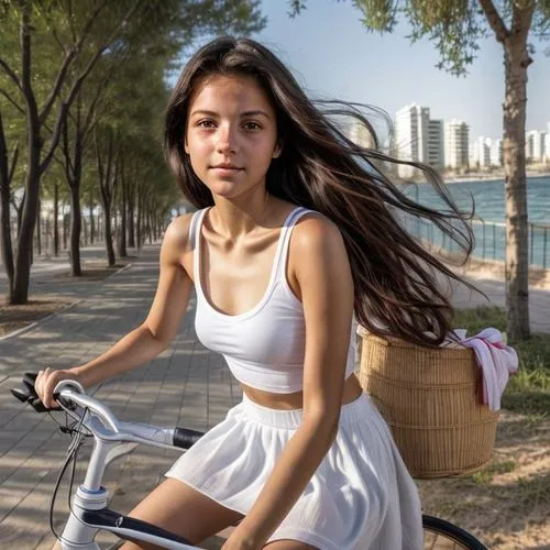 Side shot.  She is riding a bicycle on the promenade in Tel Aviv. The sea is visible in the background.  wearing a white skirt, a red shirt and white sneakers.  On the bike, in front, sits a cat in a 