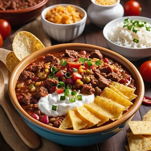 辣椒炖肉（Chili Con Carne）

描述：辣椒炖肉是一道辛辣的美式炖菜，由牛肉、豆类、番茄和各种香料慢火炖煮而成，通常配上米饭或玉米片，撒上切达奶酪、洋葱和酸奶油。,chili con carne,chili,taco soup,feijoada,southwestern united states food,chile and frijoles festival,tex-mex foo