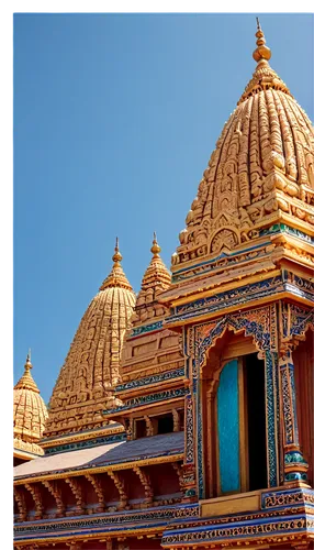 Hindu temple, intricate carvings, vibrant colors, ornate decorations, golden domes, Indian architecture, sunny day, warm light, shallow depth of field, 3/4 composition, ancient structures, cultural he