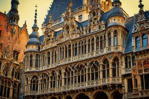 Grandiose Baroque architecture, Belgium, Brussels, Grand Place, ornate stone carvings, intricate balconies, Gothic spires, Renaissance-era inspired, vibrant colored roof tiles, stained glass windows, 