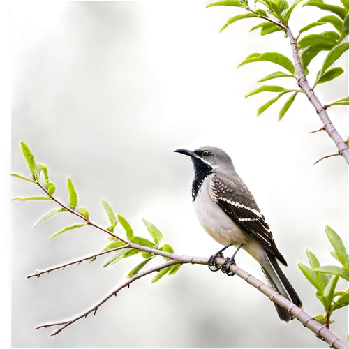 Mockingbird, solo, perched, green branch, vibrant plumage, black head, white patches on wings, bright eyes, open beak, morning dew, soft sunlight filtering through leaves, 3/4 composition, shallow dep