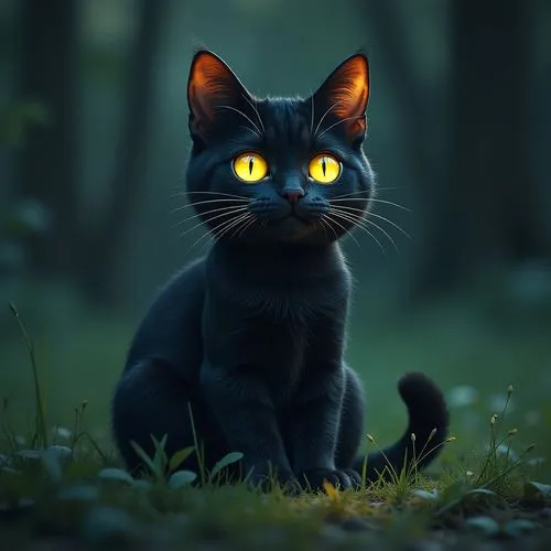 black cat,ravenpaw,yellow eyes,bagheera,oscura,melanism,Illustration,Realistic Fantasy,Realistic Fantasy 33