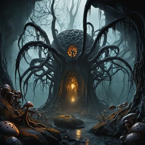 creepy tree,haunted forest,halloween bare trees,witch's house,the roots of trees,dead wood,devilwood,tree and roots,magic tree,celtic tree,tree die,dark art,tree of life,gnarled,witch house,druid grove,strange tree,halloween background,old tree,iridigorgia,Conceptual Art,Sci-Fi,Sci-Fi 24