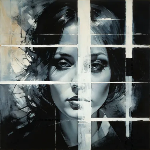 light and shadow, this canvas captures the essence of contrast, where every white lines sharpens the black silence,mondrian,cloves schwindl inge,carol m highsmith,woman thinking,oil painting on canvas