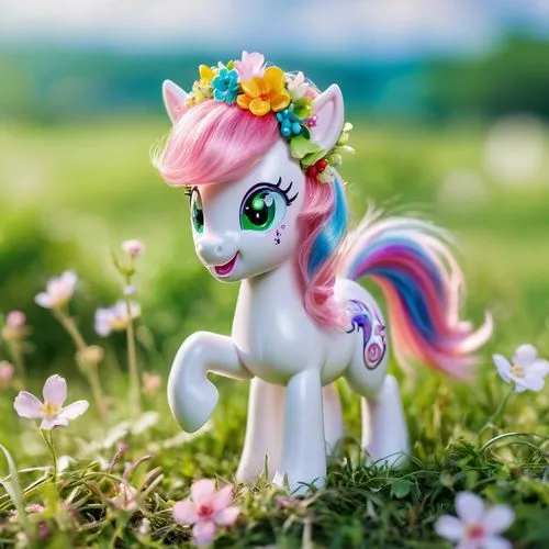 My Little Pony, cute, cartoon style, pastel colors, pony character, sparkling eyes, flowing mane, colorful tail, innocence, gentle smile, flower crown, green grassland, sunny day, fluffy white clouds,