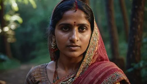 portrait of Indian village beatiiful woman at a gathering in the forests of Himachal Pradesh, Cinematic, Photoshoot, Shot on 25mm lens, Depth of Field, Tilt Blur, Shutter Speed 1/1000, F/22, White Bal