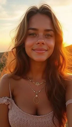 A confident teen queen is taking a selfie outdoors at sunset. She’s standing on a hill with the golden sun casting a warm, glowing light on her face. Her long, wavy hair is slightly windblown, adding 