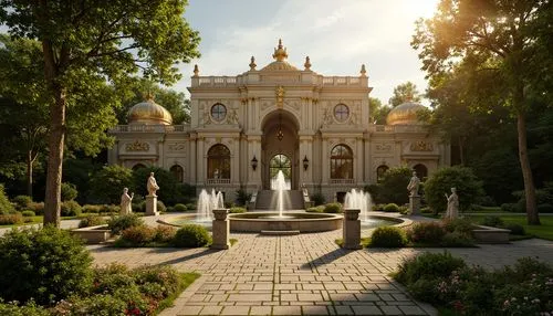 Grand Baroque palace, lush green gardens, ornate fountains, statues of mythological figures, winding stone pathways, vibrant flowerbeds, majestic entrance gates, dramatic lighting effects, warm golden