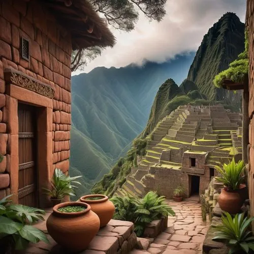 Peruvian architecture, ancient Inca style, stone walls, intricate carvings, vibrant colorful textiles, Machu Picchu inspired, sun-kissed terracotta roofs, ornate wooden doors, adobe buildings, Andean 