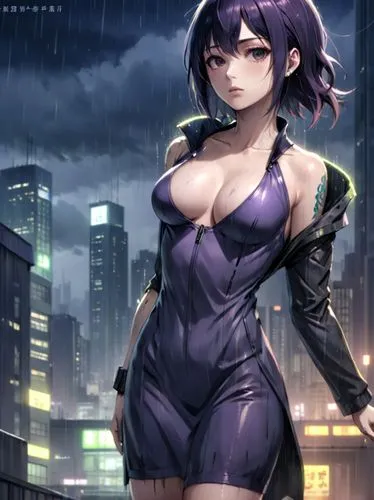 Faye Valentine with tattoos in a  wet dress in the rain, ghost in the shell, cyberpunk, blade runner, on the roof, dark vibes, neo-noir, halation effect, dark city,hinata,in the rain,meteora,monsoon b