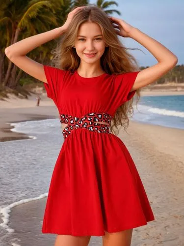 girl in red dress,red tunic,beach background,red dress,red hot polka,in red dress,man in red dress,red-hot polka,red,coral red,sand seamless,red tablecloth,red skirt,on a red background,party dress,red summer,hula,nice dress,red background,cocktail dress,Female,Northern Europeans,Wavy,Teenager,M,Happy,Outdoor,Beach