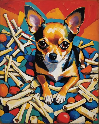 Paint a chihuahua with a mischievous look, hiding behind a pile of bones.,chihuahua,color dogs,corgi-chihuahua,english toy terrier,dog illustration,modern pop art,bombay mix,popart,the french bulldog,