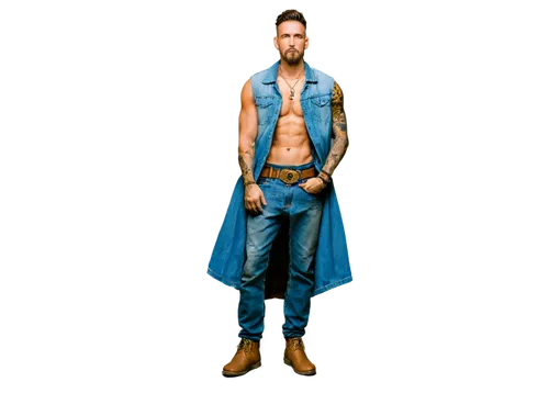 Tattooed Marihuana man, muscular build, tribal tattoos on arms and chest, braided hair, goatee beard, gold chain necklace, denim vest, ripped jeans, brown leather belt, boots, standing with one leg be