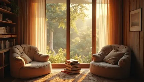 sunroom,reading room,morning light,sitting room,livingroom,study room,alcove,home corner,book wallpaper,window seat,living room,armchair,window curtain,windowblinds,nook,interiors,danish room,coffee and books,therapy room,golden light,Photography,General,Realistic