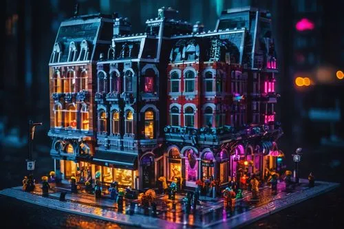 Miniature architectural landmark, Lego kit, colorful bricks, intricate details, modern cityscape, skyscraper, bustling street, vibrant neon lights, night scene, misty atmosphere, foggy weather, detail