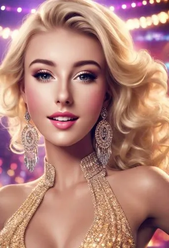 Beautiful blonde lady, smiling, dressed as a Las Vegas showgirl on stage, colourful, glitzy,the blonde woman with glowing gold makeup wears large earrings and stands next to a disco ball,derivable,bej