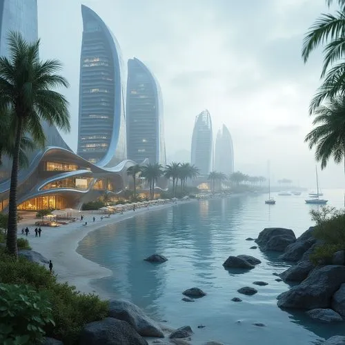 Futuristic waterfront, sleek glass towers, cantilevered balconies, undulating wave-inspired architecture, modern minimalist design, LED lighting installations, misty mornings, reflective water surface