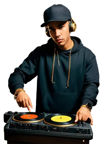 DJ, male, hip-hop style, gold chain, black hoodie, baseball cap, headphones, mixing console, vinyl records, studio setting, dim lighting, low-angle shot, shallow depth of field, warm color tone, cinem