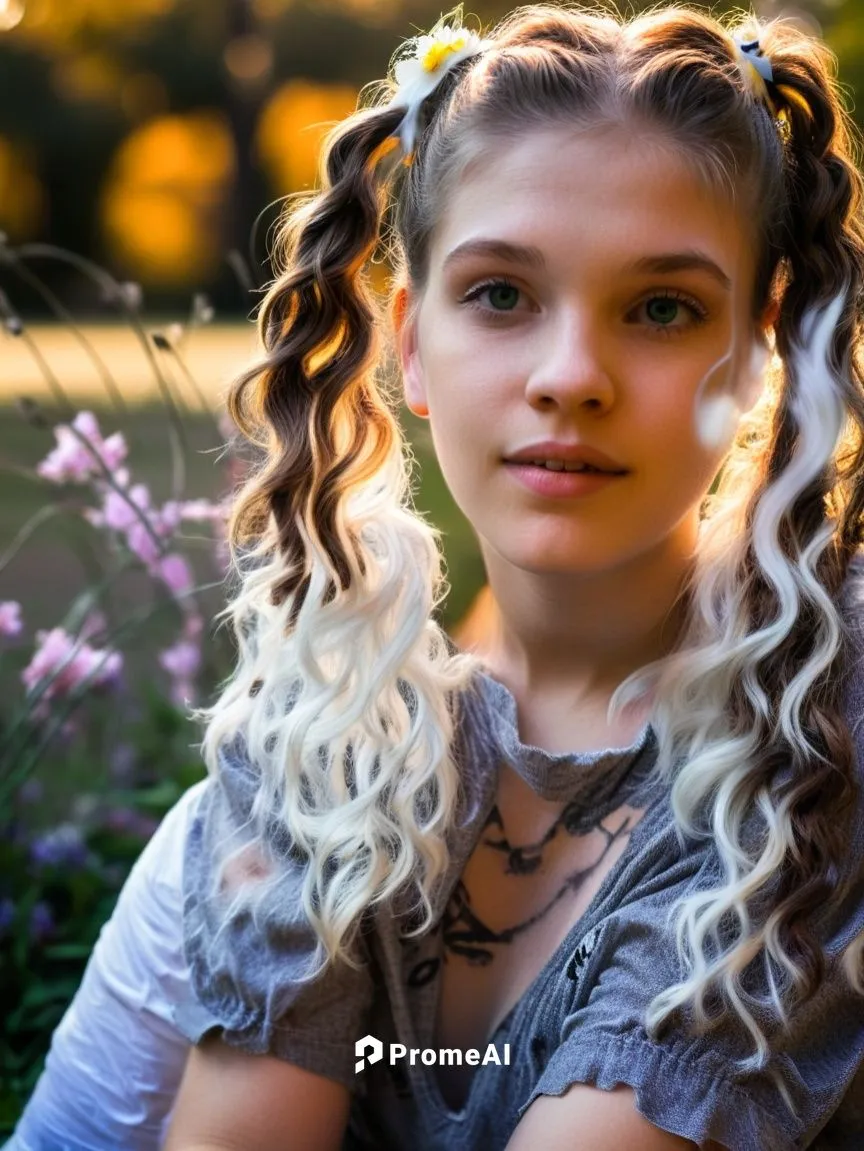 a young woman with pigtails and a brown dress with a long braid sits in a park, surrounded by blooming flowers. She wears a white t-shirt with the words "Adventure" printed in bold letters on it. She 