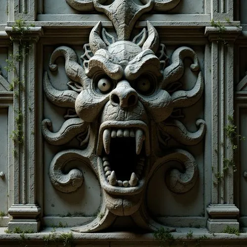 Intricate stone carvings, grotesque faces, sharp teeth, menacing eyes, weathered granite, moss-covered surfaces, Gothic architecture, medieval cathedrals, ornate facades, pointed arches, ribbed vaults