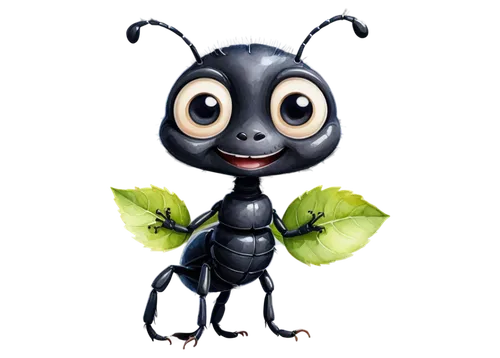 Cute ant, frontal view, big round eyes, tiny nose, smiling mouth, shiny black exoskeleton, detailed texture, thin antennae, holding a small leaf, standing on hind legs, adorable expression, soft warm 