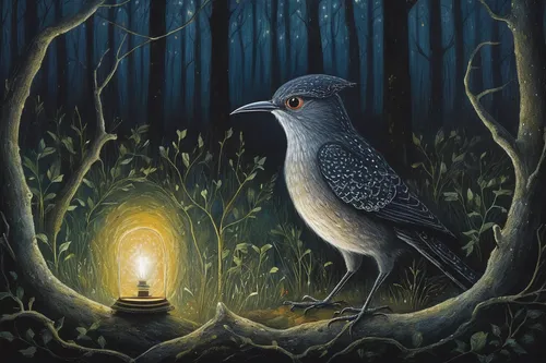 bird painting,nocturnal bird,cuckoo-light elke,bird illustration,night bird,forest animal,corvidae,fairy penguin,hedwig,forest background,owl nature,bird kingdom,thrush,illuminated lantern,light bearer,cuckoo light elke,songbirds,nature bird,bird home,enchanted forest,Illustration,Abstract Fantasy,Abstract Fantasy 15