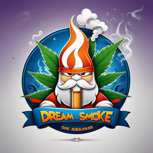 Logo for text "'Dream-N-Smoke"' on the theme of looney toon god sitting and smoking joint, Marijuana logo theme. 3d logo,steam icon,steam logo,smokestack,smoke pot,logo header,fire logo,smoke backgrou