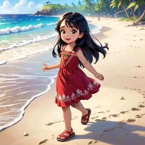 moana,hula,polynesian girl,luau,lilo,beach background,aloha,a girl in a dress,honolulu,candy island girl,walk on the beach,tahiti,maui,little girl in wind,polynesian,girl in a long dress,cute cartoon image,maya,playing in the sand,cute cartoon character,Anime,Anime,Cartoon