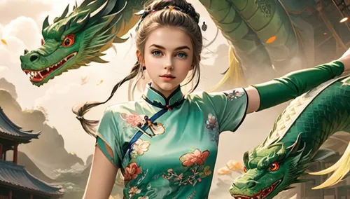 in the middle of the picture is a Chinese-style cheongsam, character design inspired by anime style, Japanese folk art, surrounded by clothing and accessories of the same style, fisheye lens, up view,