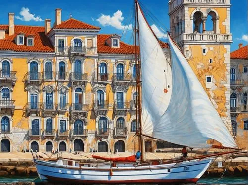 sailing boat,sailing boats,sail boat,venedig,aveiro,sea sailing ship,sailboats,boat landscape,sailboat,lisbon,sailing ship,pittura,italian painter,sailing ships,sailing,camozzi,sail ship,catana,boats in the port,gironde,Illustration,Realistic Fantasy,Realistic Fantasy 21