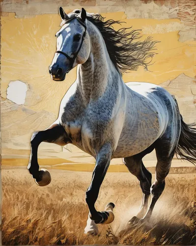 Draw a majestic horse running through a sunlit field.,arabian horse,appaloosa,painted horse,equine,quarterhorse,draft horse,endurance riding,belgian horse,horse running,arabian horses,galloping,black 