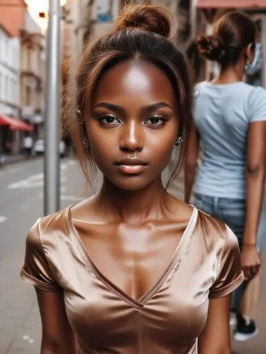 The scene takes place in a busy city. High resolution, background very blurred.,there is a female wearing short tan clothes,african american woman,colorism,ethiopian girl,beautiful african american wo