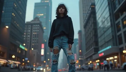 Modern city girl, casual wear, ripped jeans, white sneakers, loose black hoodie, messy bob haircut, no makeup, standing, urban integration, blending with surroundings, cityscape background, skyscraper