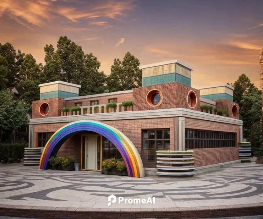 BRICK FACADE , rainbow color circles , background sunset,soochow university,tashkent,home of apple,hall of supreme harmony,kansai university,shenzhen vocational college,semi circle arch,music conserva