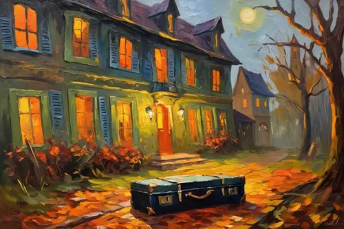 row houses,street car,oil painting on canvas,halloween scene,wooden carriage,autumn landscape,wooden train,wooden houses,row of houses,street scene,oil painting,fall landscape,painting technique,house painting,night scene,streetcar,cottages,trolley,autumn camper,old halloween car,Conceptual Art,Oil color,Oil Color 22