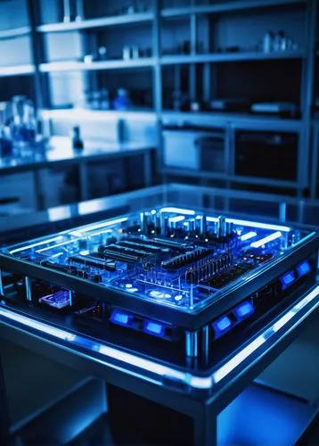 DMA controller, futuristic, metallic, sleek design, complex circuitry, blue LED lights, transparent glass casing, modern laboratory, high-tech equipment, steel tables, minimalist decor, bright overhea