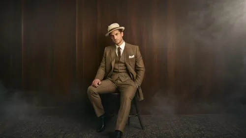 men's suit,smoking man,1920's retro,aristocrat,gentlemanly,a wax dummy,cigar,smoking cigar,brown fabric,bowler hat,trilby,pipe smoking,gentleman icons,the suit,wedding suit,roaring twenties,brown hat,bellboy,suit trousers,roaring 20's