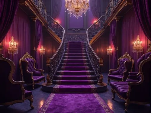 ornate room,purple wallpaper,staircase,royal interior,opulence,opulently,victorian room,opulent,rich purple,hallway,purple,the throne,victorian,staircases,upstairs,ornate,stairway,victoriana,baccarat,outside staircase,Photography,General,Realistic