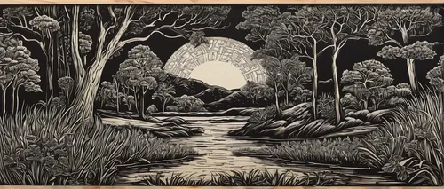 woodcut prints by brian reedy woodcut emporium 5 620x1220,brook landscape,cool woodblock images,swampy landscape,woodcut,the brook,forest landscape,riparian forest,woodblock prints,the forests,mountai