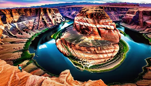 Hanging over the edge of the cliff at Horseshoe Bend in the Grand Canyon,horseshoe bend,horsheshoe bend,grand canyon,glen canyon,fairyland canyon,landform,canyon,lake powell,aeolian landform,navajo ba