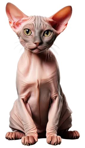 Hairless cat, Sphynx, wrinkled skin, sleek body, large ears, almond-shaped eyes, nose pad, whisker-less, glossy skin, sitting, curled up, front paw tucked in, feline posture, smooth texture, soft focu