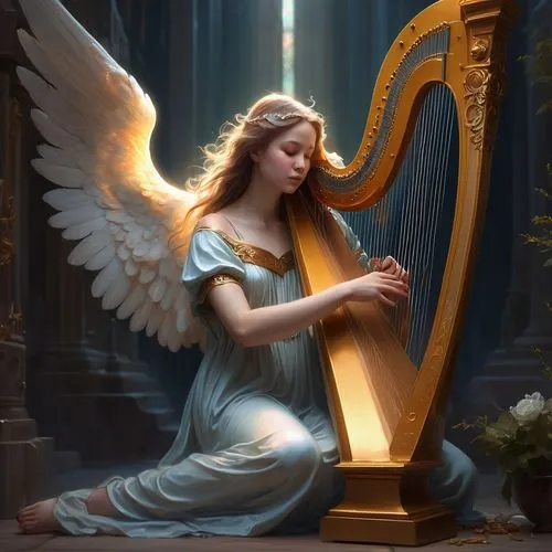 angel playing the harp,harp player,celtic harp,harpist,harp,ancient harp,Conceptual Art,Fantasy,Fantasy 01