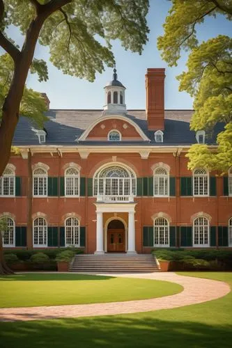 Hampton University, modern academic building, red brick walls, white pillars, grand staircase, green lawn, mature trees, sunny day, warm light, American style, educational institution, historic landma