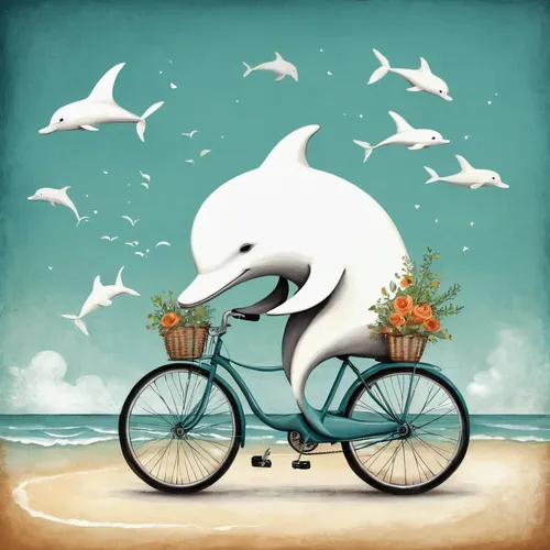 dolphin rider,road dolphin,dolphin background,bottlenose,bicycle ride,bicycle,bicycling,trainer with dolphin,sea swallow,dolphin,little whale,whimsical animals,sea bird,whale,pot whale,orca,cycling,white dolphin,girl with a dolphin,cyclist,Illustration,Abstract Fantasy,Abstract Fantasy 02