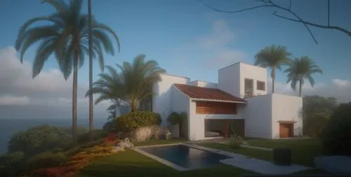 EL EXTERIOR DE UNA CASA CON ESTILO MEXCANO MODERNO, USO DE COLORES VIBRANTES, MATERIALES REFIONALES, TEJA, VIGAS DE MADERA, EN UN AMBIENTE EXUBERANTE, ESTANQUE DE AGUA  AL FRENTE, PROPORCION, EXELENTE