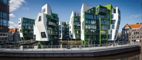 Contemporary building, Amsterdam style, white facade, large windows, minimalist design, steel beams, wooden accents, green rooftop, modern sculptures, urban landscape, canal views, sunny day, soft sha